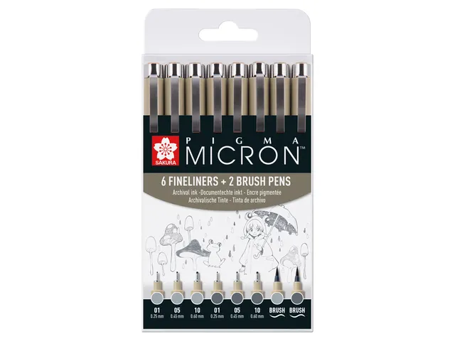 Fineliner Sakura Pigma Micron 6 schrijfbreedtes - 2 brushpen koudgrijs