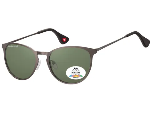 Zonnebril Montana met groen G15 gepolariseerd rond glas staalkleurig