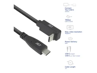 Kabel ACT USB-C standaard naar USB-C hoek boven/beneden 10Gbps 2m - 2