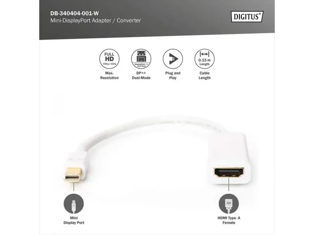 DisplayPort-adapterkabel type mini DP HDMI A St/Bu 0,15m Full HD DP 1.