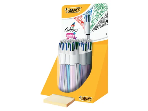 Balpen Bic 4Kleuren Shine Zilver/Paars/Roze/Blauw Display à 20 Stuks