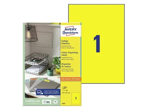 Gekleurde Etiketten Avery Zweckform 210x297mm A4 Geel 100 stuks