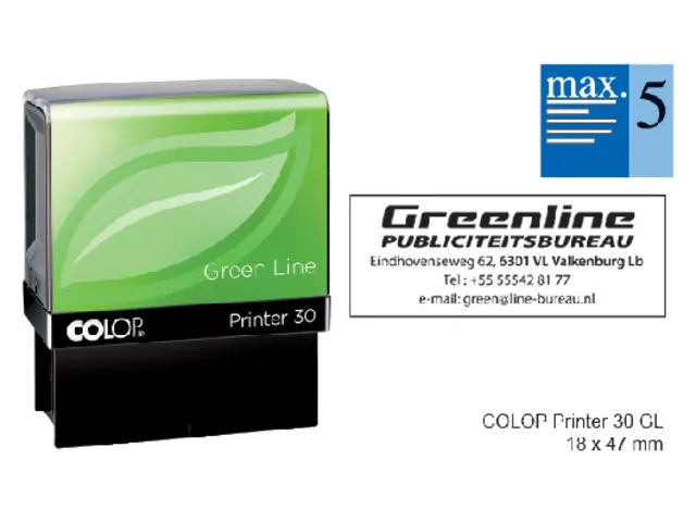 Tekststempel Colop 30 Green Line+Bon 5Regels 18X47Mm blauw