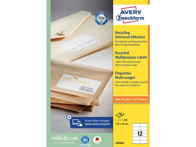 Etiket Avery LR3424 105x48mm recycled wit 1200stuks | AveryEtiketten.be
