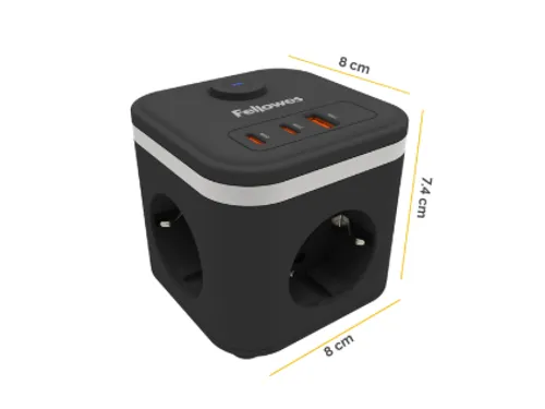 Stekkerblok Fellowes Power Cube F 3-voudig 1xUSB-A 2xUSB-C 2m zwart