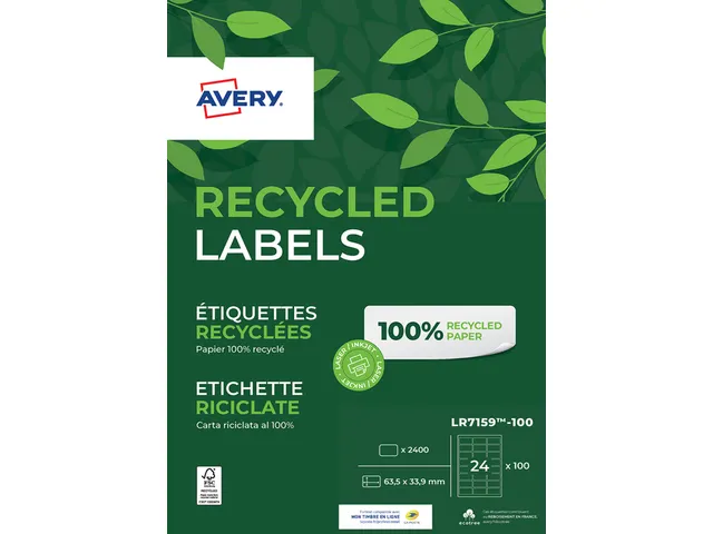 Etiket Avery LR7159-100 63.5x33.9mm recycled Wit 2400 stuks