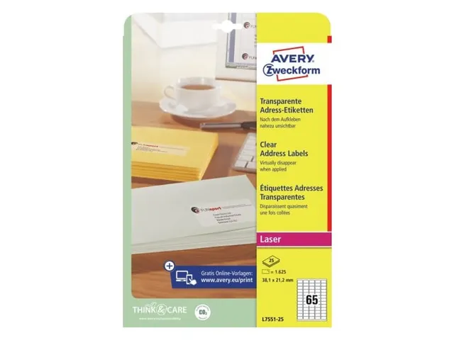 Etiquettes laser Avery 38,1x21,2mm transparent 25 feuilles