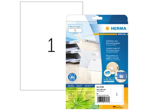 HERMA 10708 Etiketten van gerecycled papier A4 210x297mm Wit 20 stuks