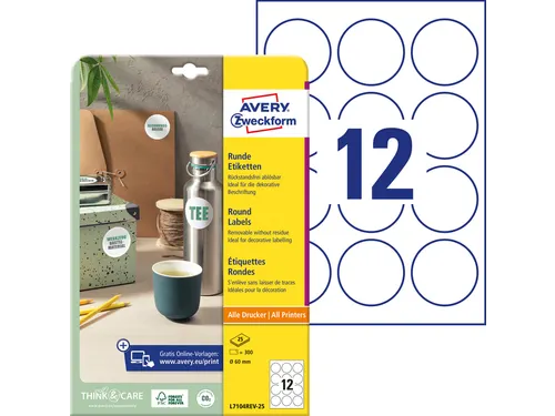 Etiket Avery L7104REV-25 rond 60mm wit 300 stuks 25 vel
