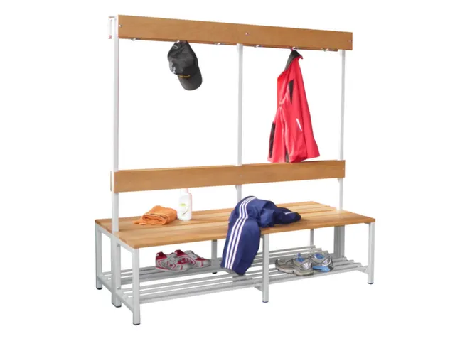 Omkleedbank 1500x770mm Houten Latten M. Schoenenrek Dubbel Lichtgrijs