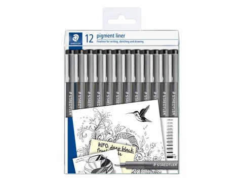 Fineliner Staedtler Pigment 308 zwart set à 12 lijnbreedtes