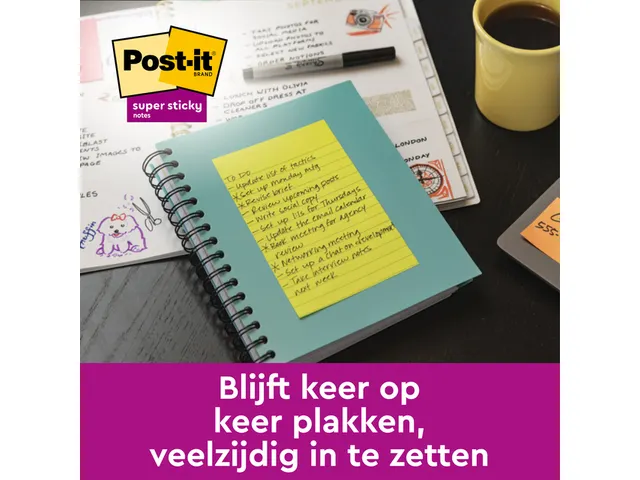 Memoblok 3M Post-it 5845 Super Sticky 127x203mm lijn assorti kleur 90