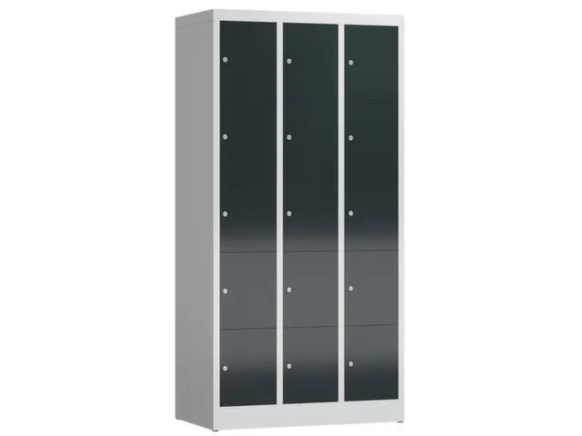 Lockerkast 1800x870x500mm 3x5 vakken cilinderslot, sokkel, RAL7016