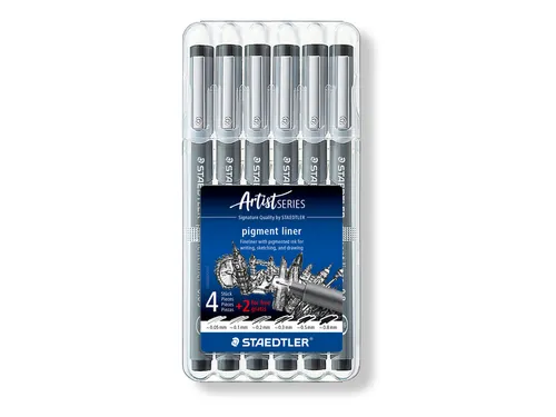 Fineliner Staedtler Pigment 308 zwart set 4+2 gratis 0.05-0.8mm