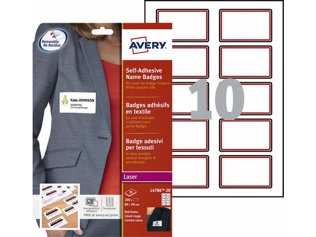 Naambadge etiket Avery L4786-20 80x50mm rood kader 200stuks | AveryEtiketten.be