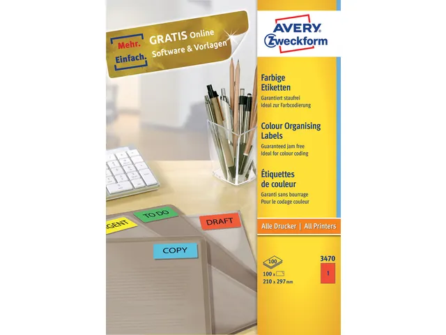 Gekleurde Etiketten Avery Zweckform 210x297mm A4 Rood 100 stuks