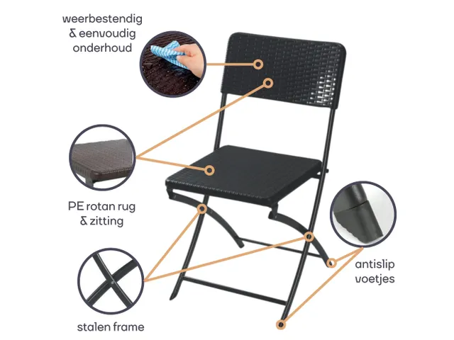 Klapstoel weerbestendige vouwstoel rotanlook Zwart maximaal 300 kg
