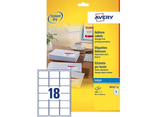 Adresetiket Avery J8161-10 63.5x46.6mm Inkjet Wit 180 stuks