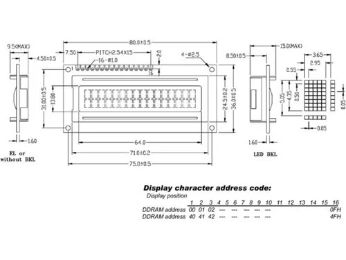 LCD 16 x 2 Bottom View Reflectief