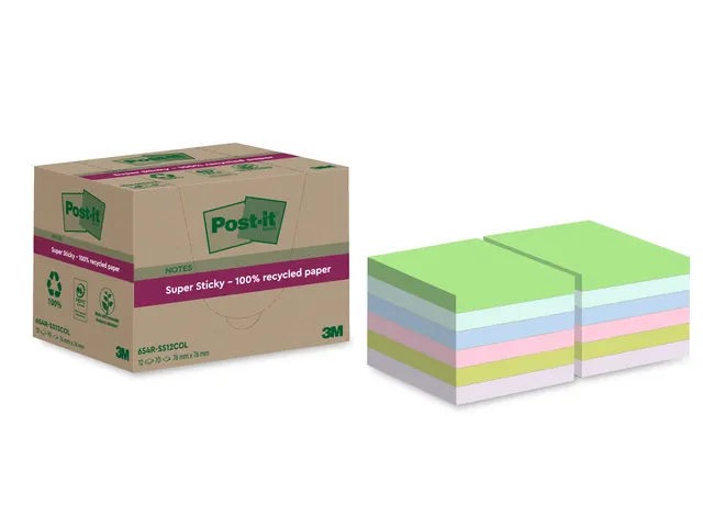 Memoblok Post-it 654 RSS12COL 76x76mm recycled colour notes pastel 12