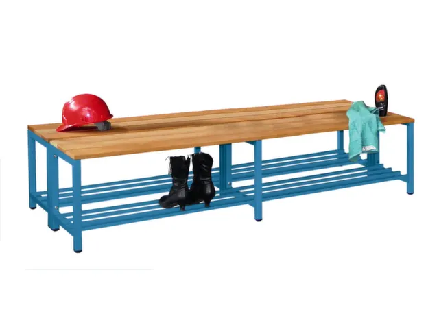 banc double LxP 2000x740mm barrettes en bois hêtre piètement RAL5012