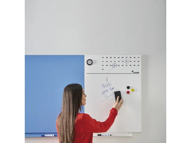 Whiteboard Rocada Skinclock 55x75cm wit gelakt met klok en kalender