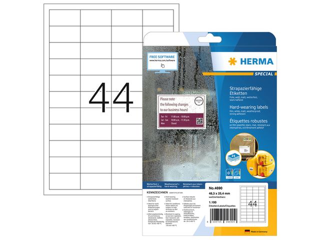 Etiket Herma 4690 48.3x25.4mm Weerbestendig Wit 1100 stuks | HermaLabels.nl