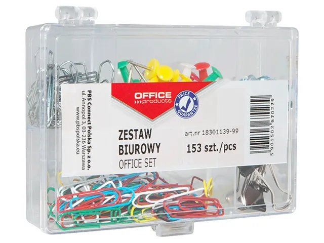 Kantoorset punaises, gummen, paperclips 153 stuks