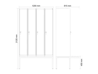 locker met bank,HxBxD 2120x1200x815mm,4vak,vak B 300mm,cilinderslot - 3