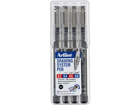 Fineliner Artline technisch etui met 0.2-0.4-0.6-0.8mm zwart