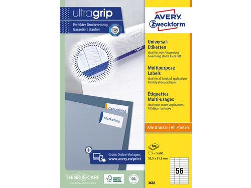 Etiket Avery Zweckform 3668 52.5x21.2mm wit 5600stuks