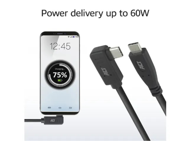 Kabel ACT USB-C standaard naar USB-C hoek 10Gbps 1m