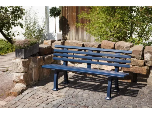 Kunststofbank 740x1500x380mm Zit H 440mm 9 Latten 2 Pootstellen Blauw