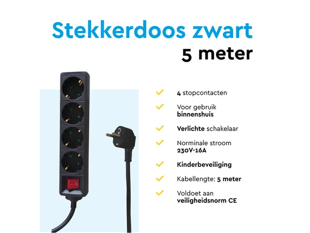 Stekkerdoos BRASQ 4 voudig 5 meter zwart