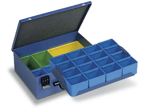 Assortimentskoffer Plaatstaal 22boxen Polystyrol 133x340x240mm Ral5007
