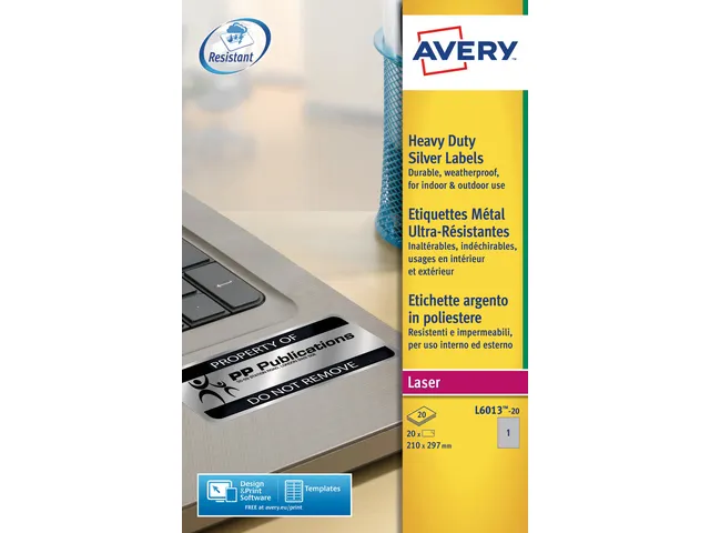 laseretiket Avery 210x297mm 20 vel 1 etiket per vel zilver