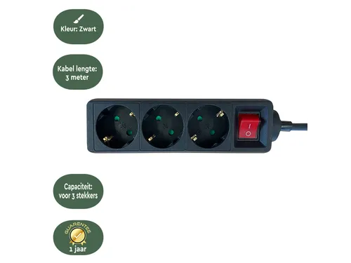 Stekkerdoos BRASQ 3 voudig 3 meter zwart