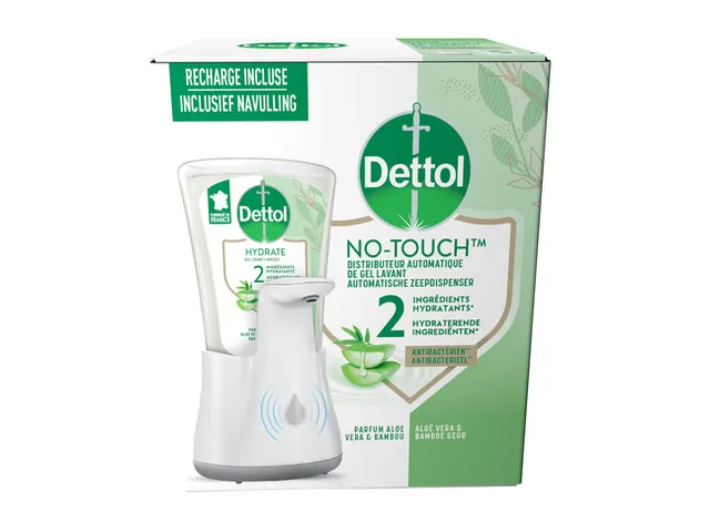 Distributeur savon mains Dettol Hydrating No Touch Kit avec savon 250m