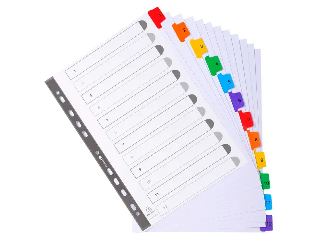Tabbladen A4 1-12 Karton Versterkte Kleurtabs 11-Gaats Assorti