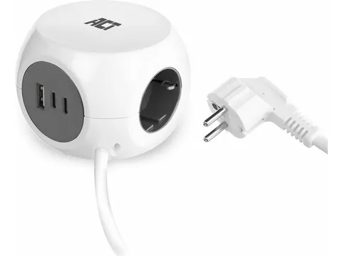 Stekkerblok ACT 3 voudig inclusief 2x USB C en A 1.5 meter wit/grijs