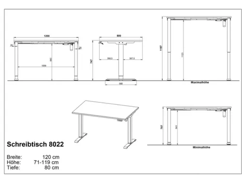 Elektrisch ihv bureau,HxBxD 710-1190x1200x800mm,blad lichtgrijs