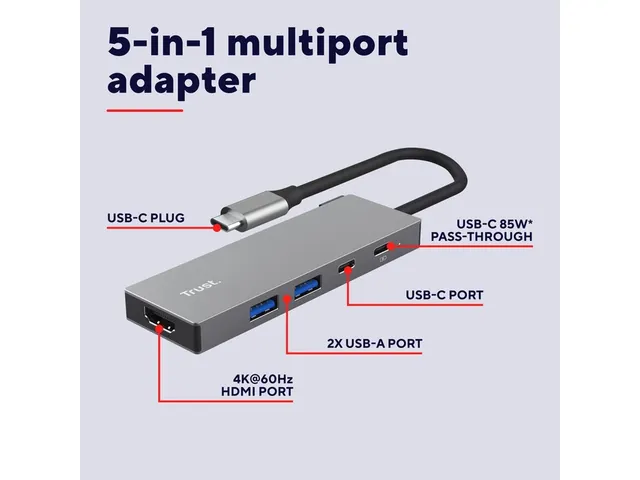 Adapter Trust Dalyx 5-in-1 USB-C-adapter met meerdere poorten grijs