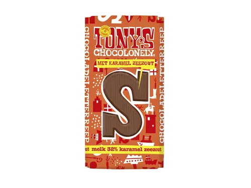 Chocoladeletter Tony's Chocolonely melk karamel zeezout S 180gr
