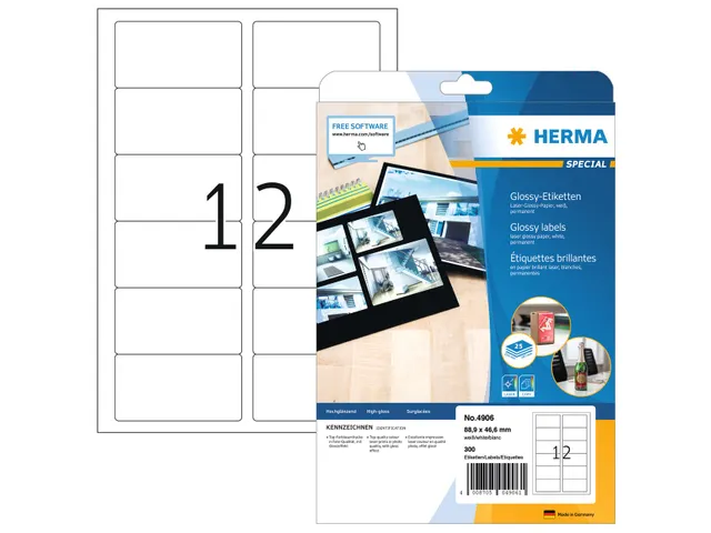 HERMA 4906 Glossy Etiketten A4 88,9x46,6mm Wit 300 stuks