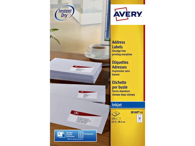 Adresetiket Avery J8160-10 63.5x38.1mm Inkjet Wit 210 Stuks