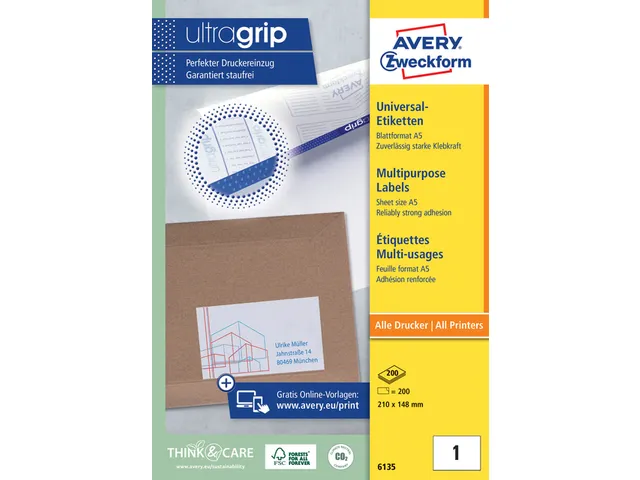 Etiket Avery Zweckform 6135 210x148mm A5 wit 200 stuks