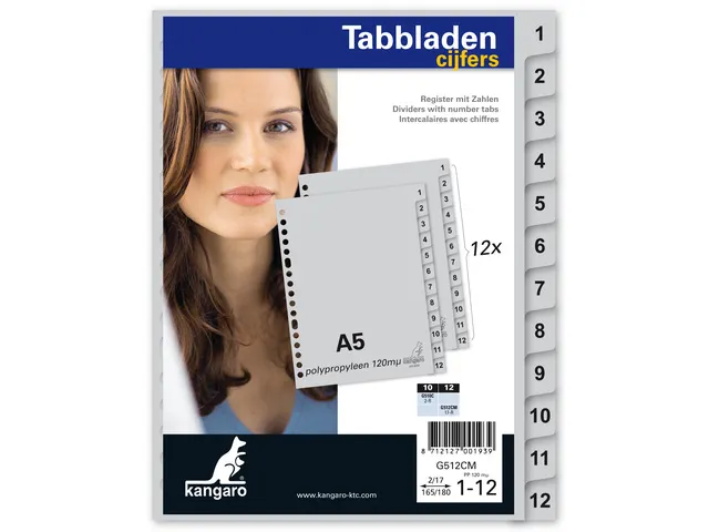 Tabblad Kangaro A5 cijfers PP 120 micron grijs 17-gaats 12-delig
