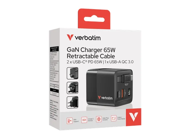 GaN Wandlader 65W 2-poorts met intrekbare kabel