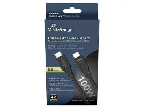 MediaRange USB Type-C Charge and Sync kabel 3 meter Zwart