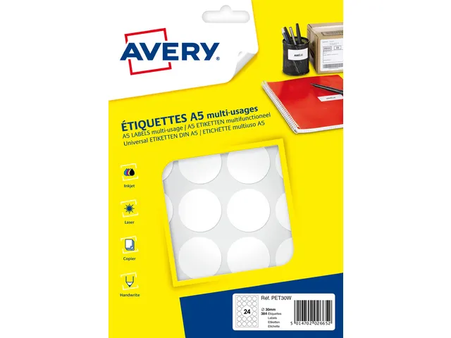 PET30W paquet de 384 marqueurs - 30 mm de diamètre - Feuille A5 - Bla